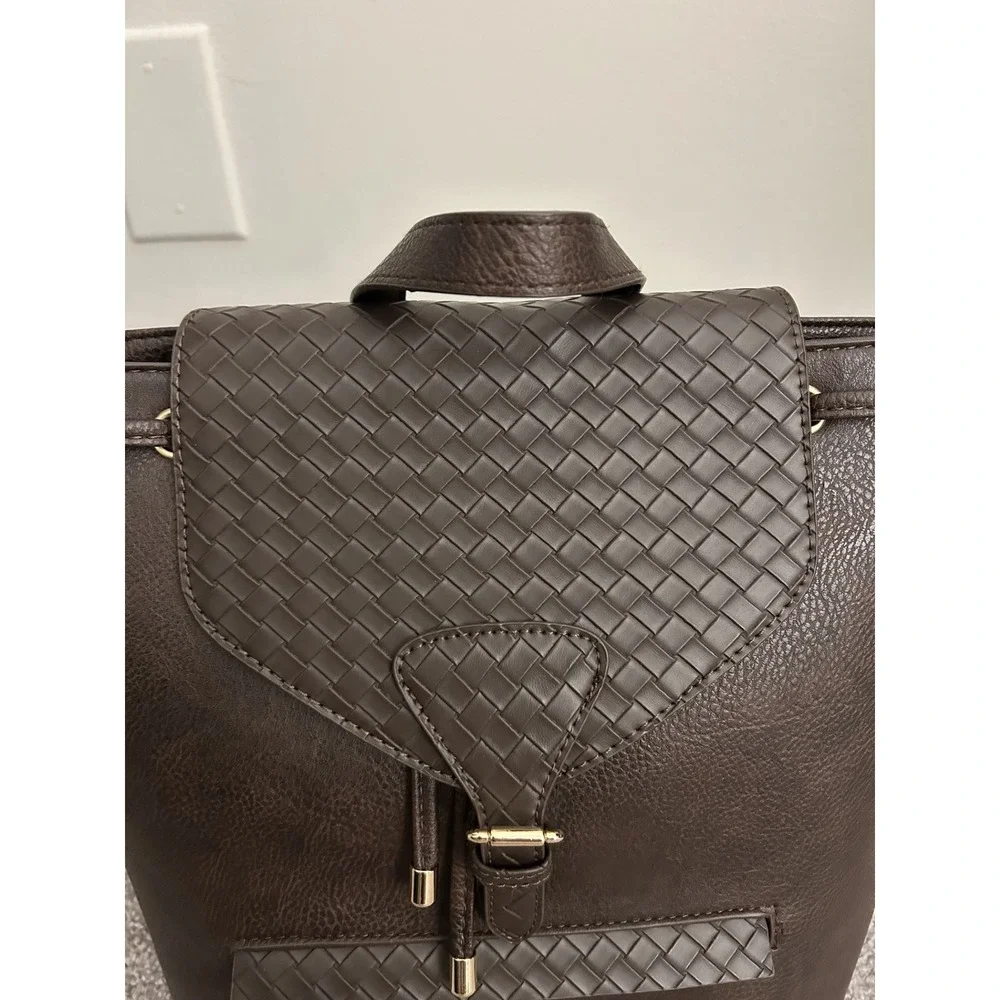 Catherine Malandrino Backpack Womens OS Brown New Woven Faux Leather Drawstring
